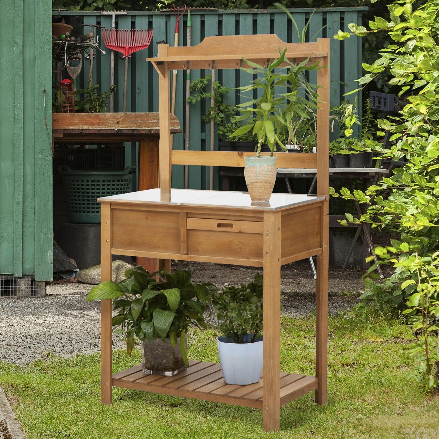 Outsunny Wooden Garden Potting Table with Sink and Storage - ALL4U RETAILER LTD