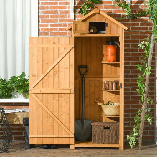 Outsunny Wooden Garden Storage Shed - Vertical Tool Cabinet (Brown) - ALL4U RETAILER LTD