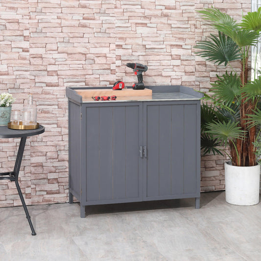 Outsunny Wooden Garden Storage Shed with Potting Bench - Grey - ALL4U RETAILER LTD