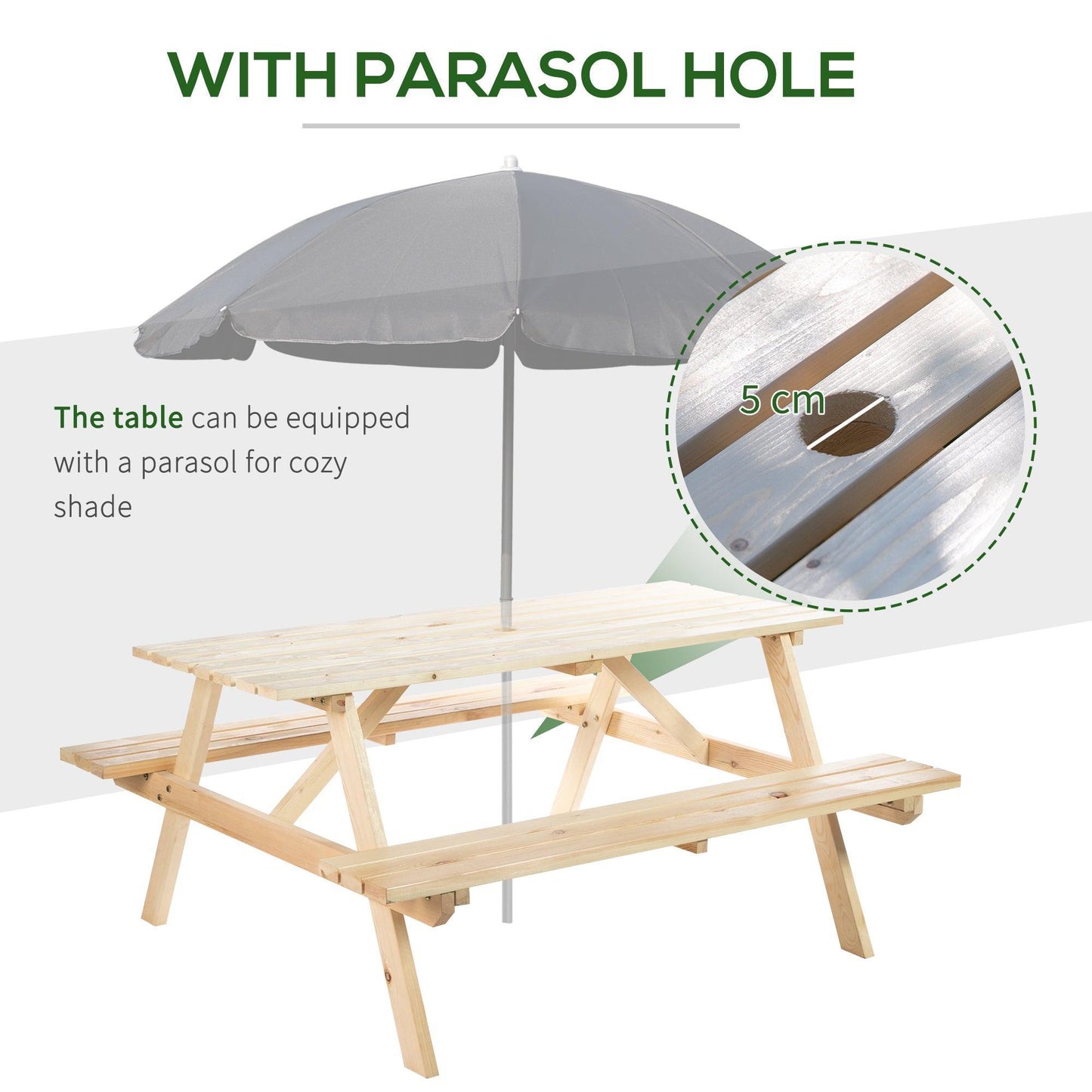 Outsunny Wooden Outdoor Picnic Table with Umbrella Hole - ALL4U RETAILER LTD