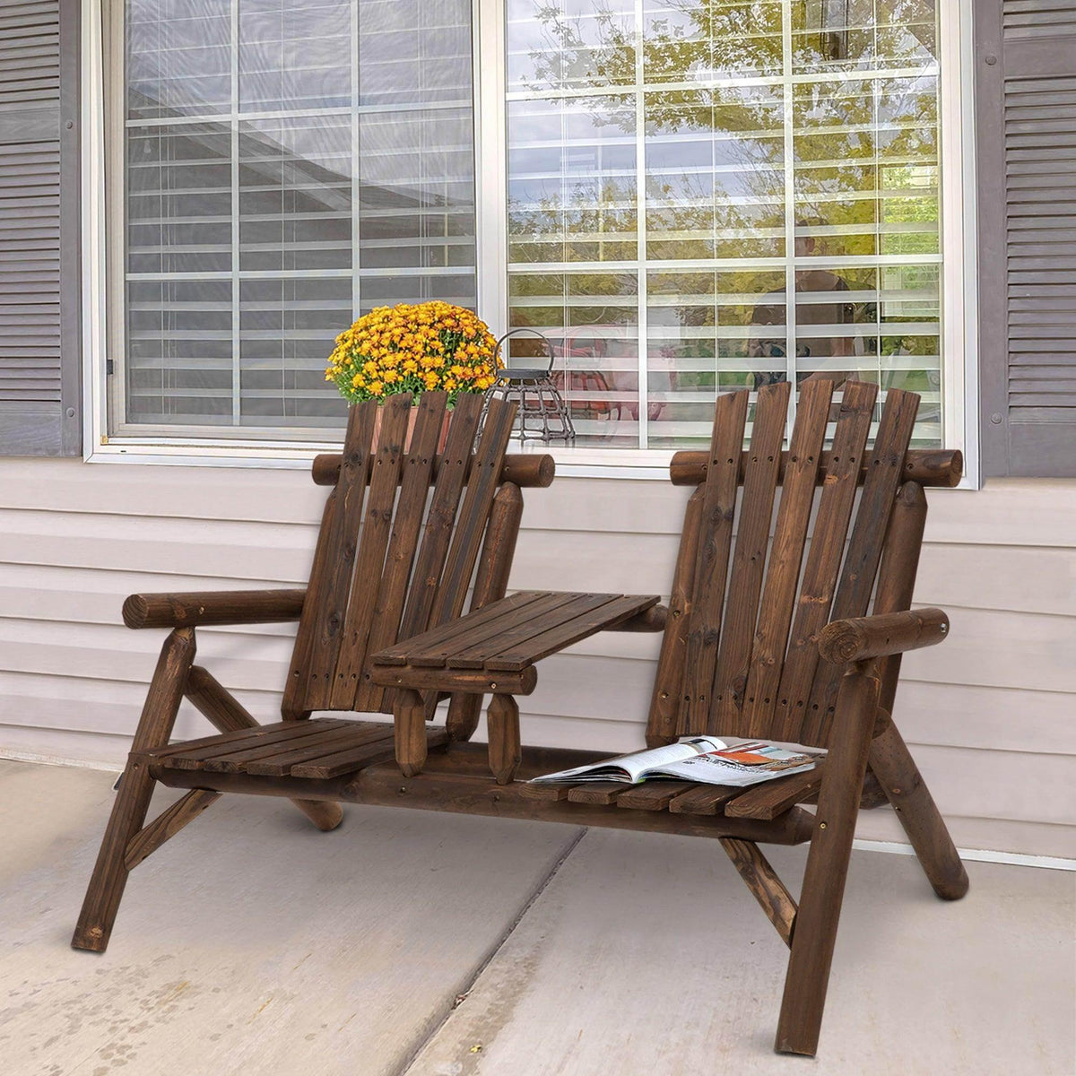 Dark brown wooden 2-seat patio bench with slatted seats and backrest