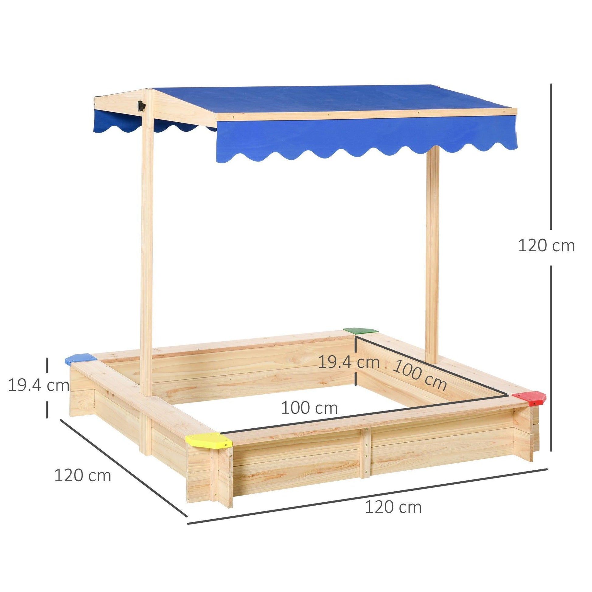 Outsunny Wooden Sandpit with Adjustable Canopy and Bench Seat - ALL4U RETAILER LTD