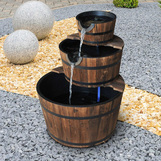 Outsunny Wooden Water Pump Fountain - 3 Tier Cascading Barrel - ALL4U RETAILER LTD