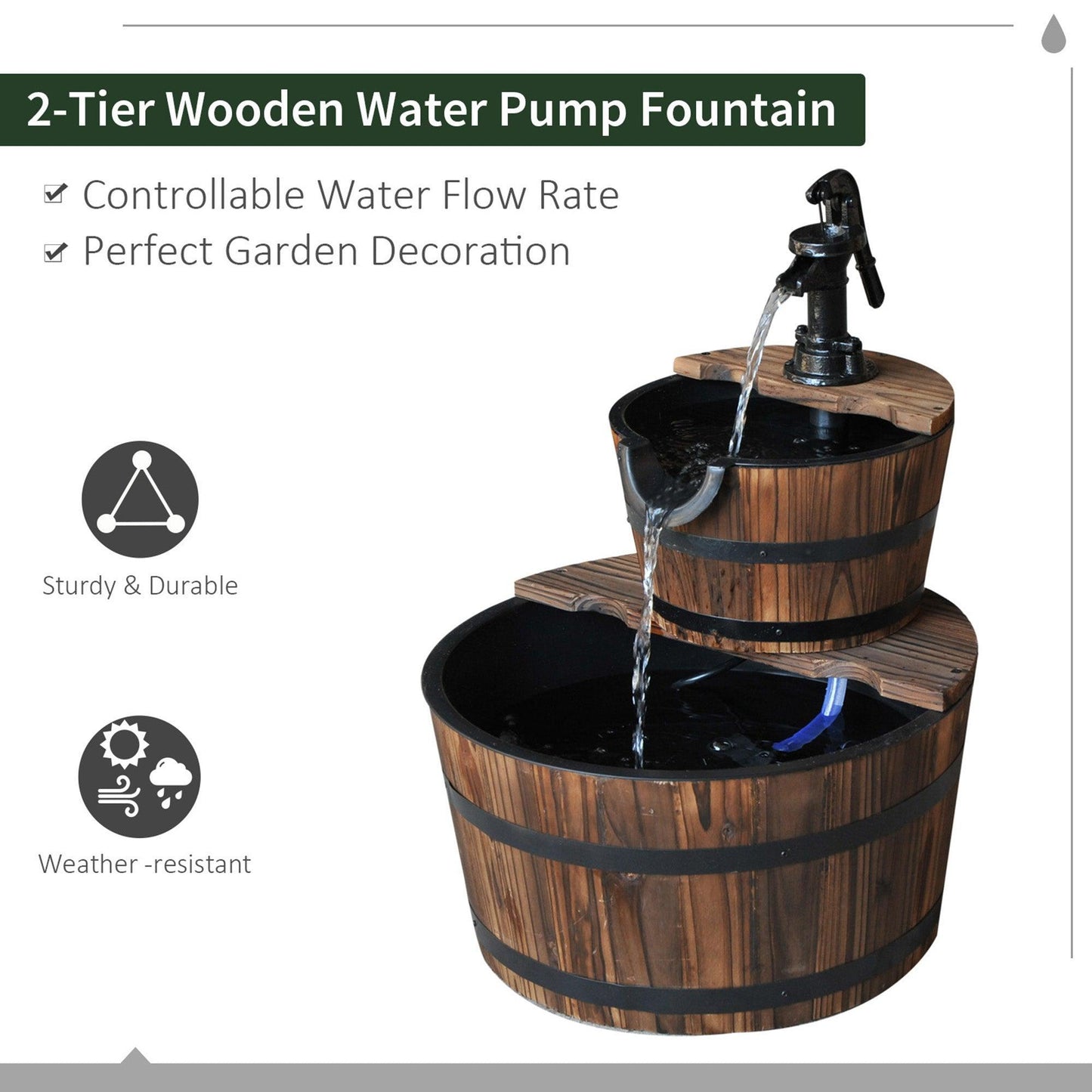 Outsunny Wooden Water Pump Fountain - Barrel Design - ALL4U RETAILER LTD