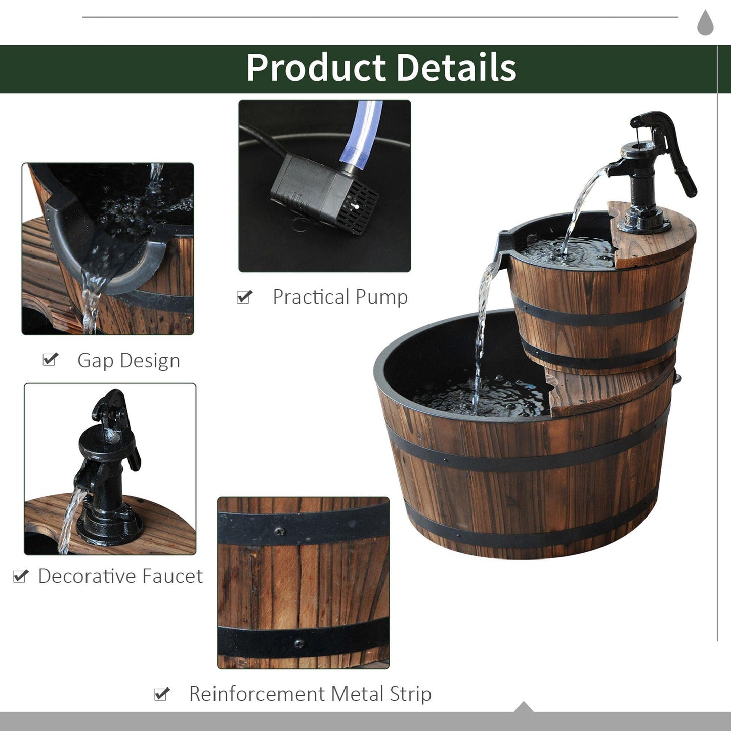 Outsunny Wooden Water Pump Fountain - Barrel Design - ALL4U RETAILER LTD