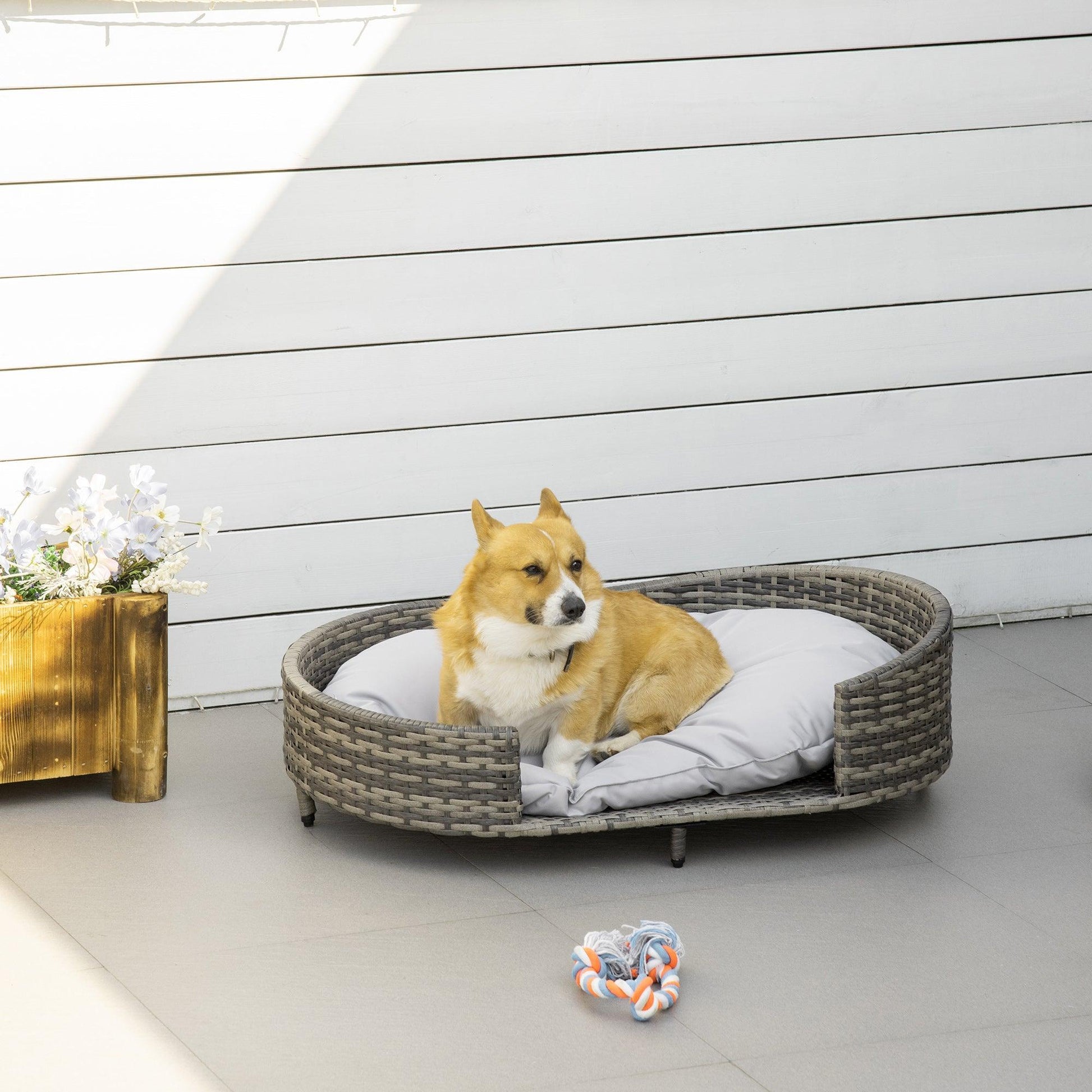 Outsunny Woven Rattan Pet Sofa with Cushion - Grey - ALL4U RETAILER LTD