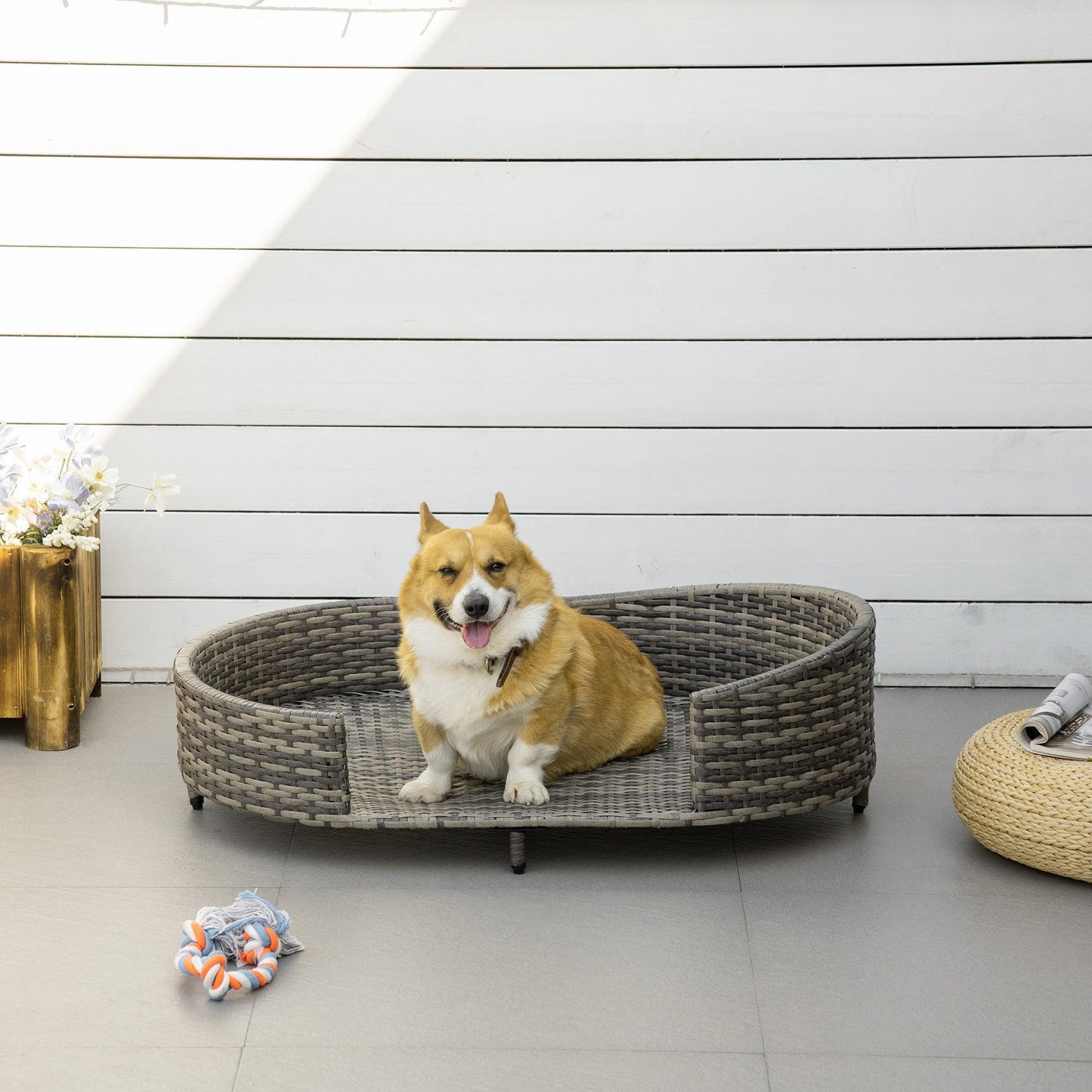 Outsunny Woven Rattan Pet Sofa with Cushion - Grey - ALL4U RETAILER LTD