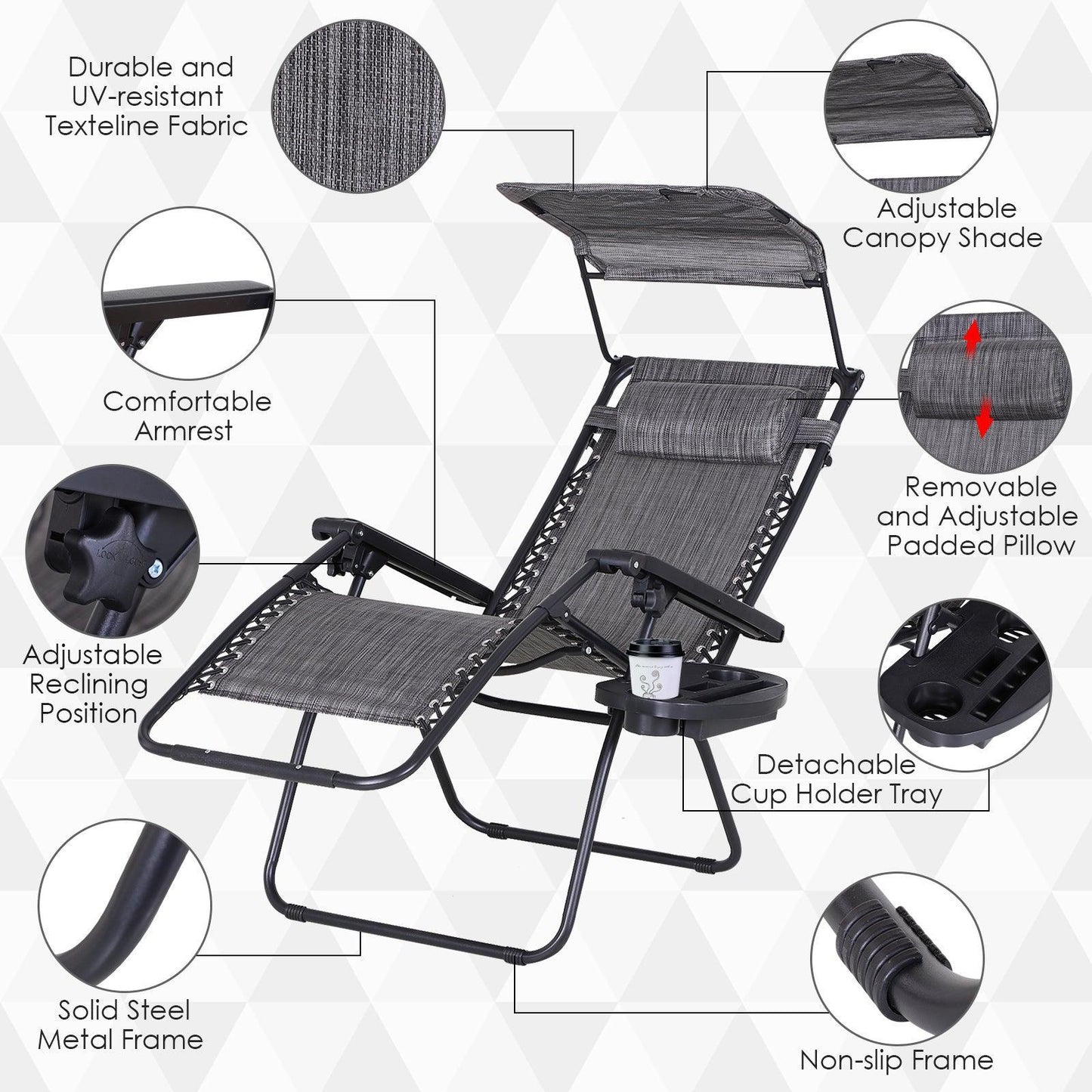 Outsunny Zero Gravity Garden Folding Chair - Grey - ALL4U RETAILER LTD