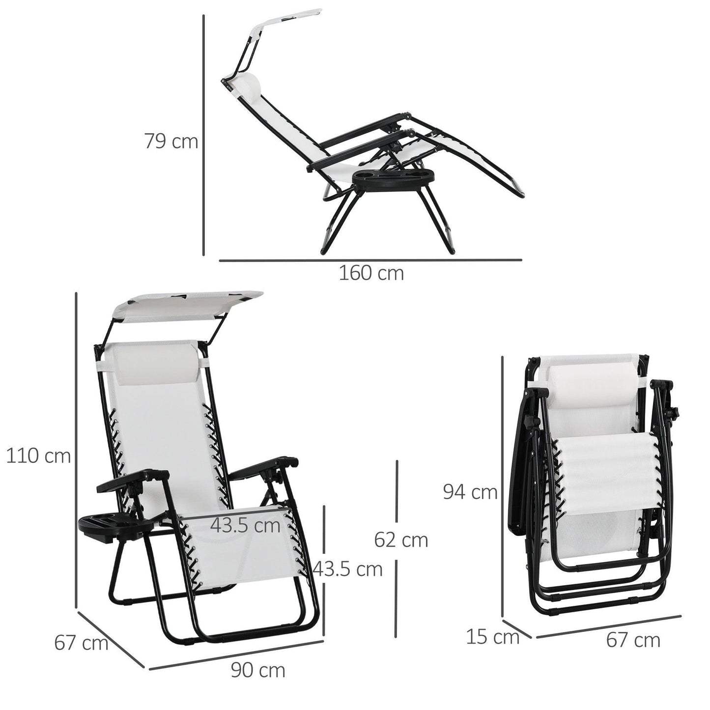 Outsunny Zero Gravity Patio Sun Lounger with Canopy - White - ALL4U RETAILER LTD