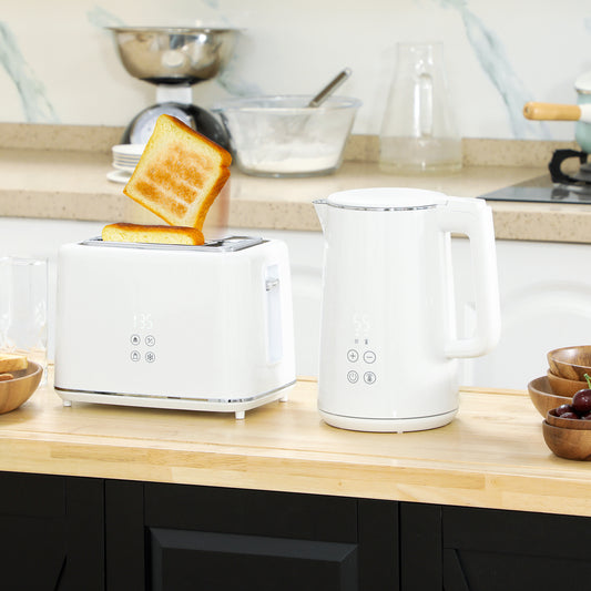 HOMCOM Polished Stainless Steel Kettle and Toaster Set in White 3000W Kettle and 2 Slice Toaster