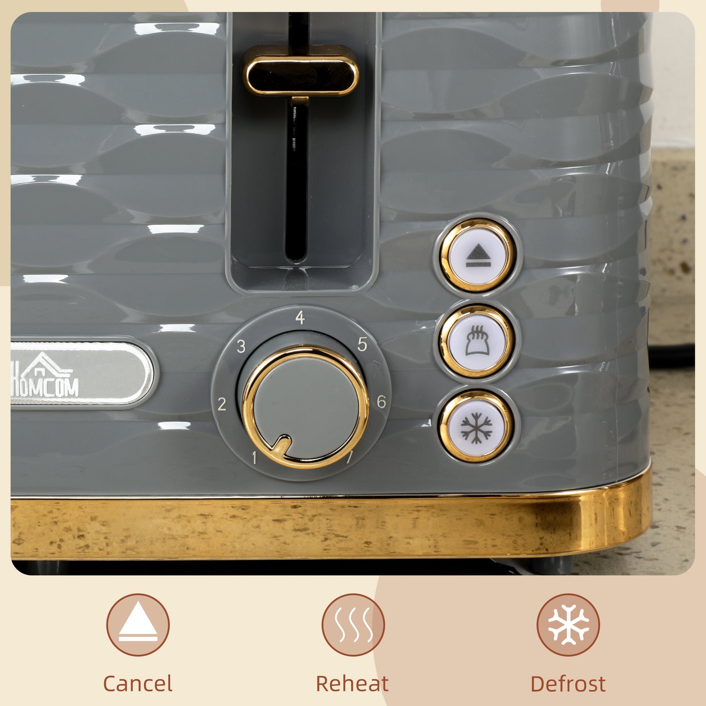 HOMCOM Four-Slice Rippled Toaster Grey With Seven Browning Levels And Auto Centring