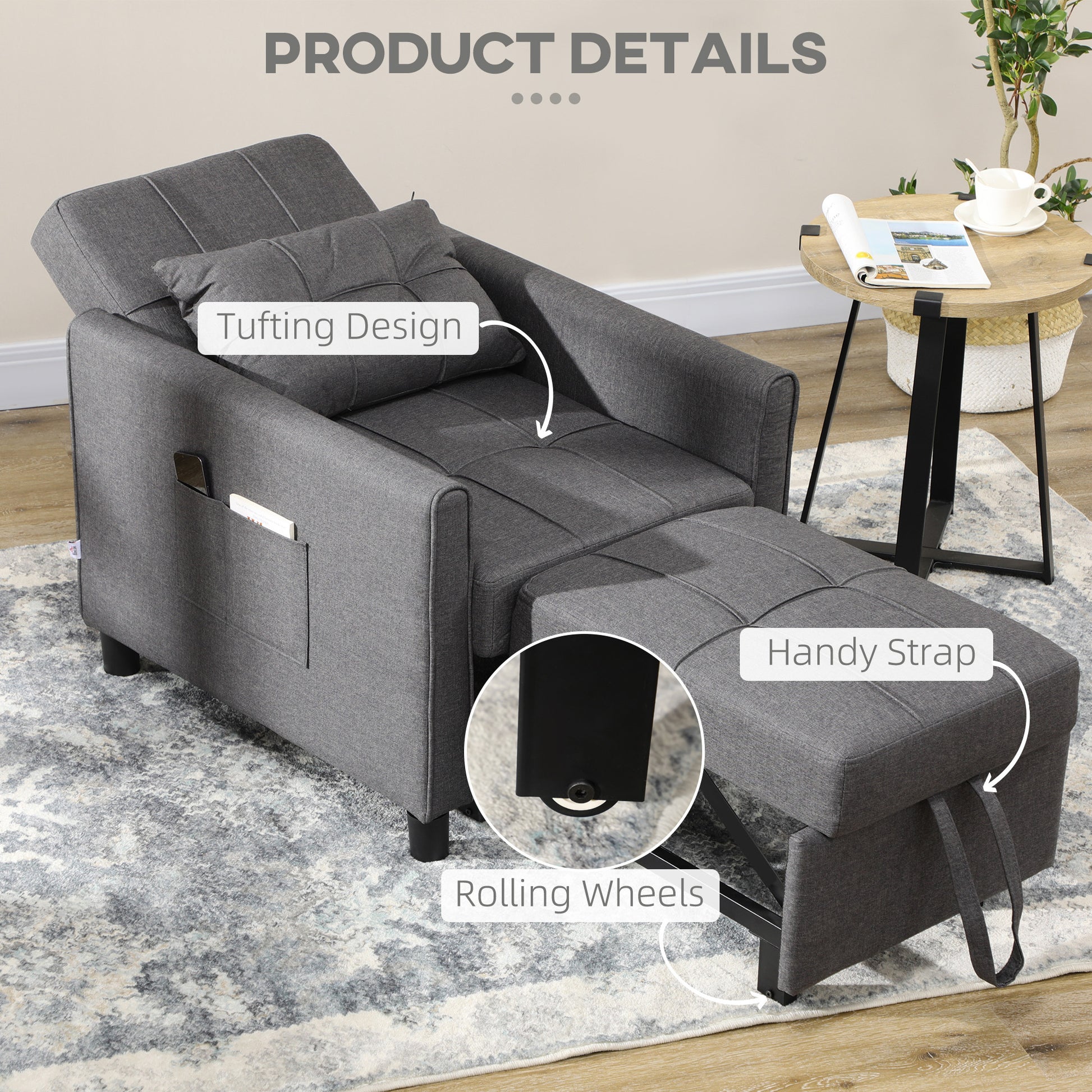 HOMCOM Convertible Sleeper Chair with Adjustable Backrest and Storage Pockets, Grey - ALL4U RETAILER LTD