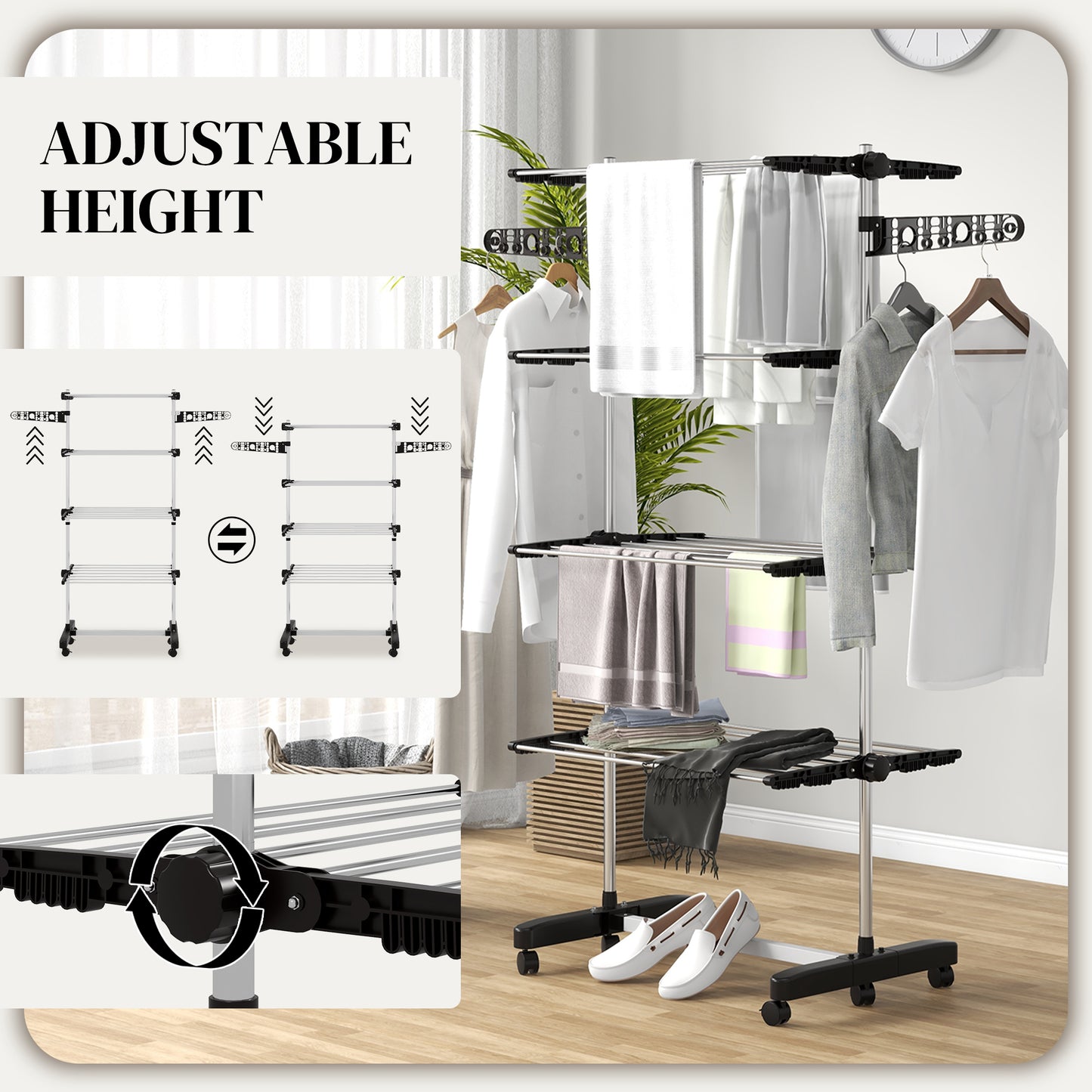 HOMCOM Four Shelf Collapsing Clothes Horse With Side Arms And Wheels Black Compact Foldable Drying Rack