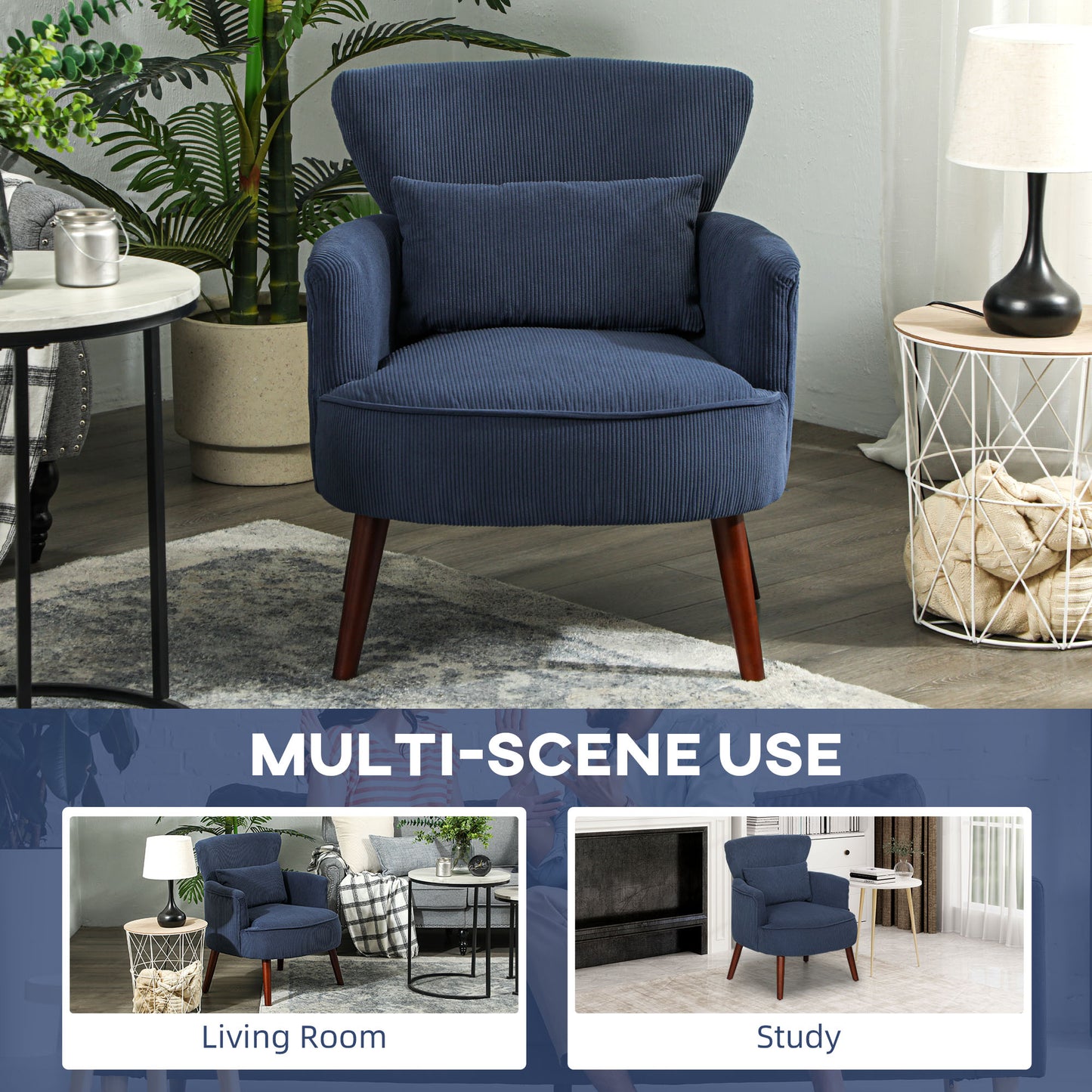 HOMCOM Corduroy Retro Accent Chair Blue Wing Back Armchair for Small Spaces with Comfortable Foam Padding