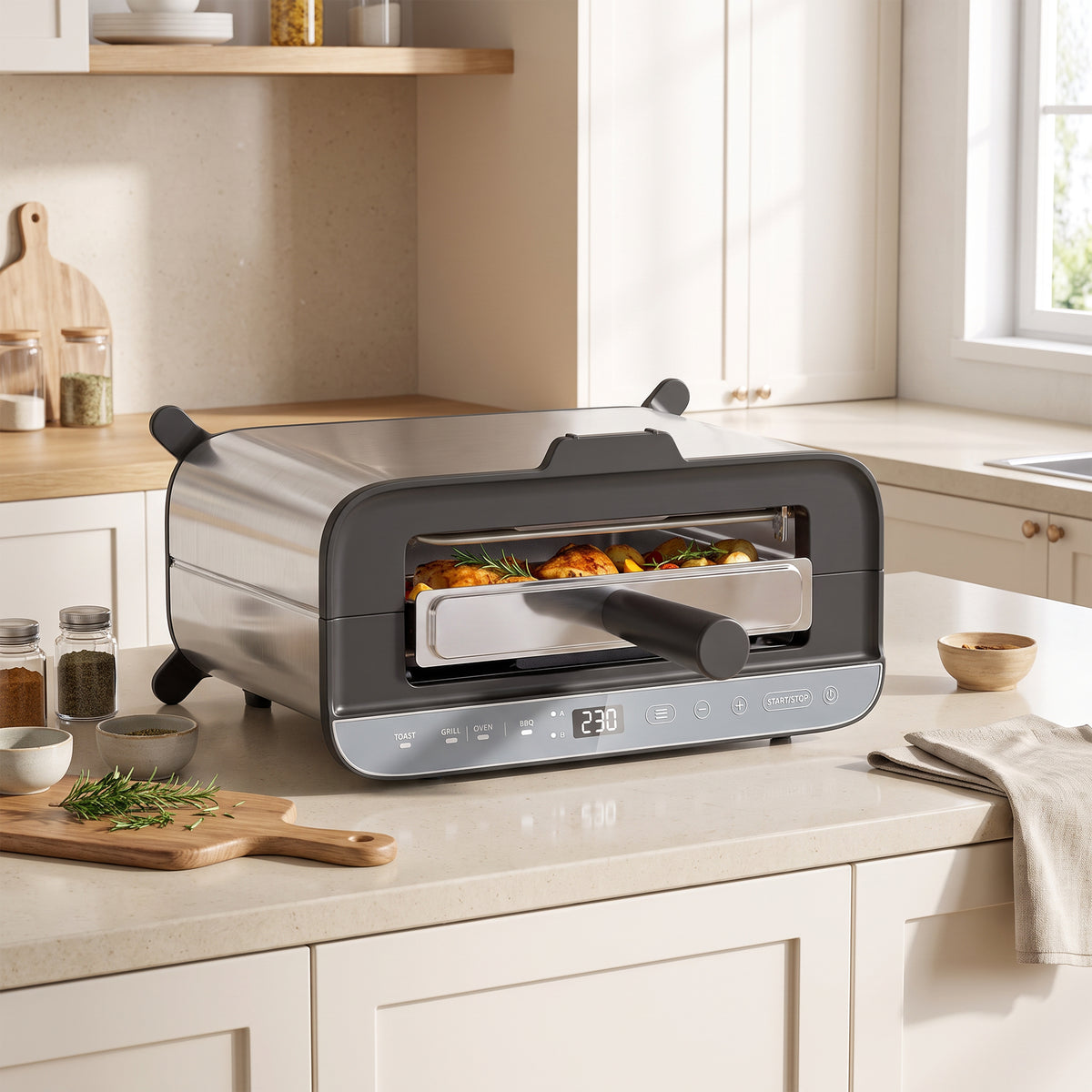 3-in-1 electric countertop oven with open glass door, food tray, and control display