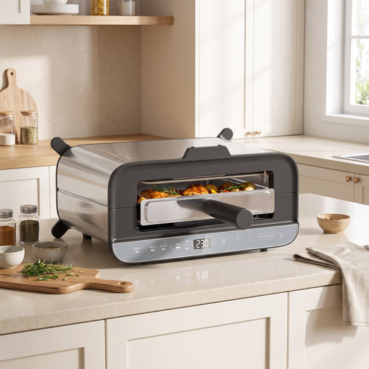 3-in-1 electric countertop oven with open glass door, food tray, and control display