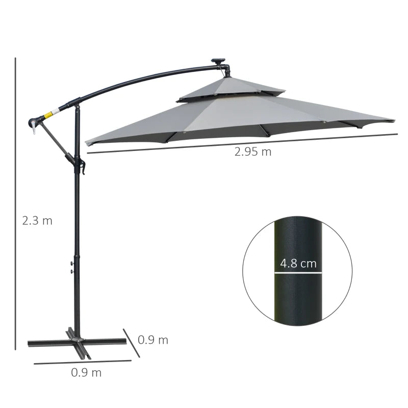 Outsunny 3m Cantilever Banana Parasol with Double Roof, LED Solar Lights, Crank, 8 Sturdy Ribs, Cross Base, for Outdoor Garden Patio, Light Grey - ALL4U RETAILER LTD