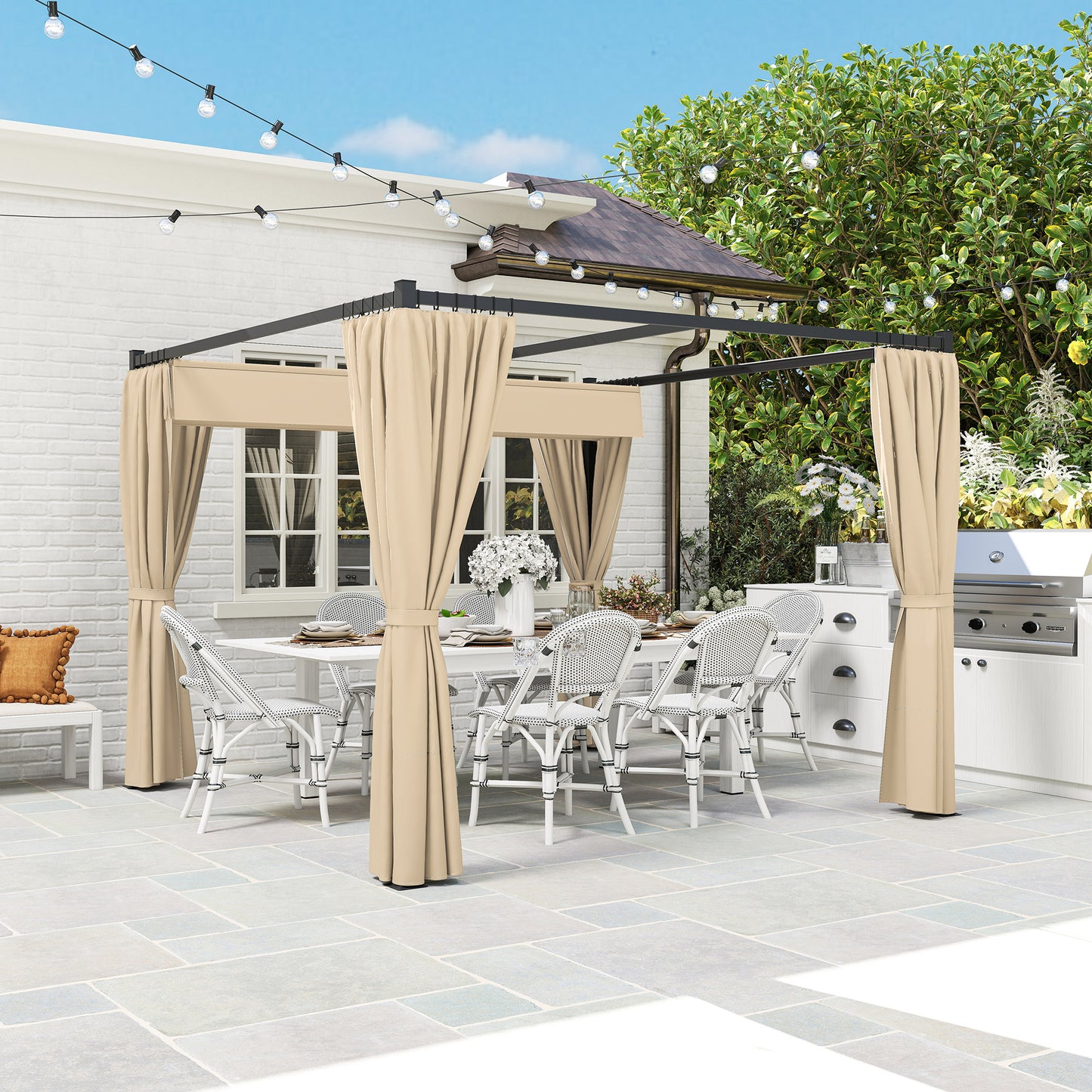 Outsunny 3x3m Retractable Roof Pergola With Curtains Khaki Patio Shade Canopy Outdoor