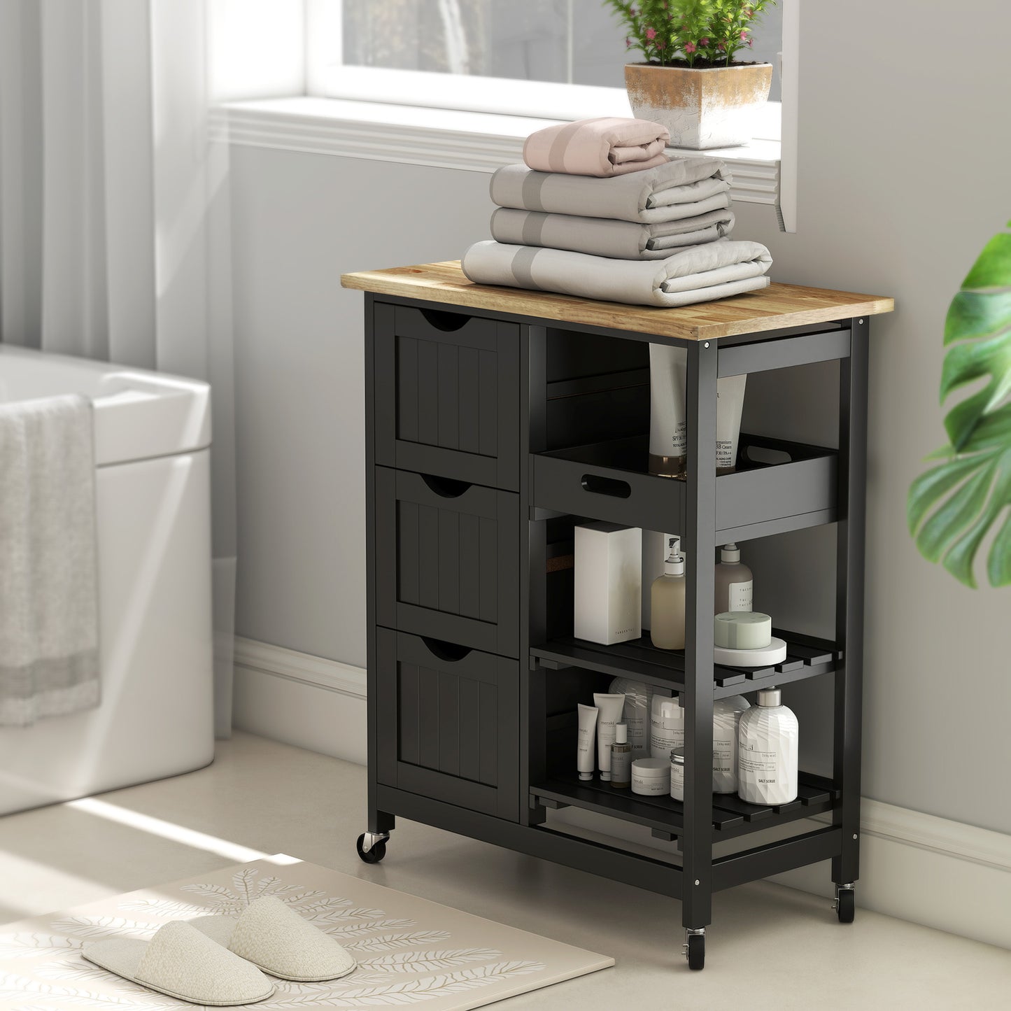 HOMCOM Rolling Kitchen Island Cart With Wood Top Shelves And Drawers Bar Serving Trolley On Wheels For Dining Room Black