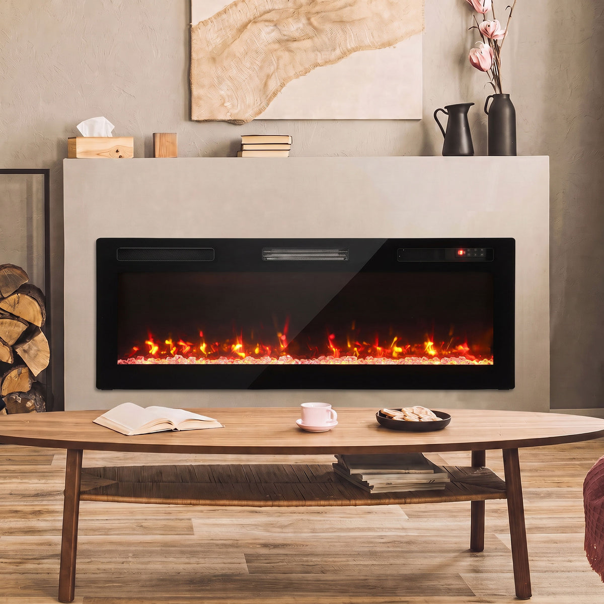 Recessed-style electric fireplace unit with black front glass and orange flame effect