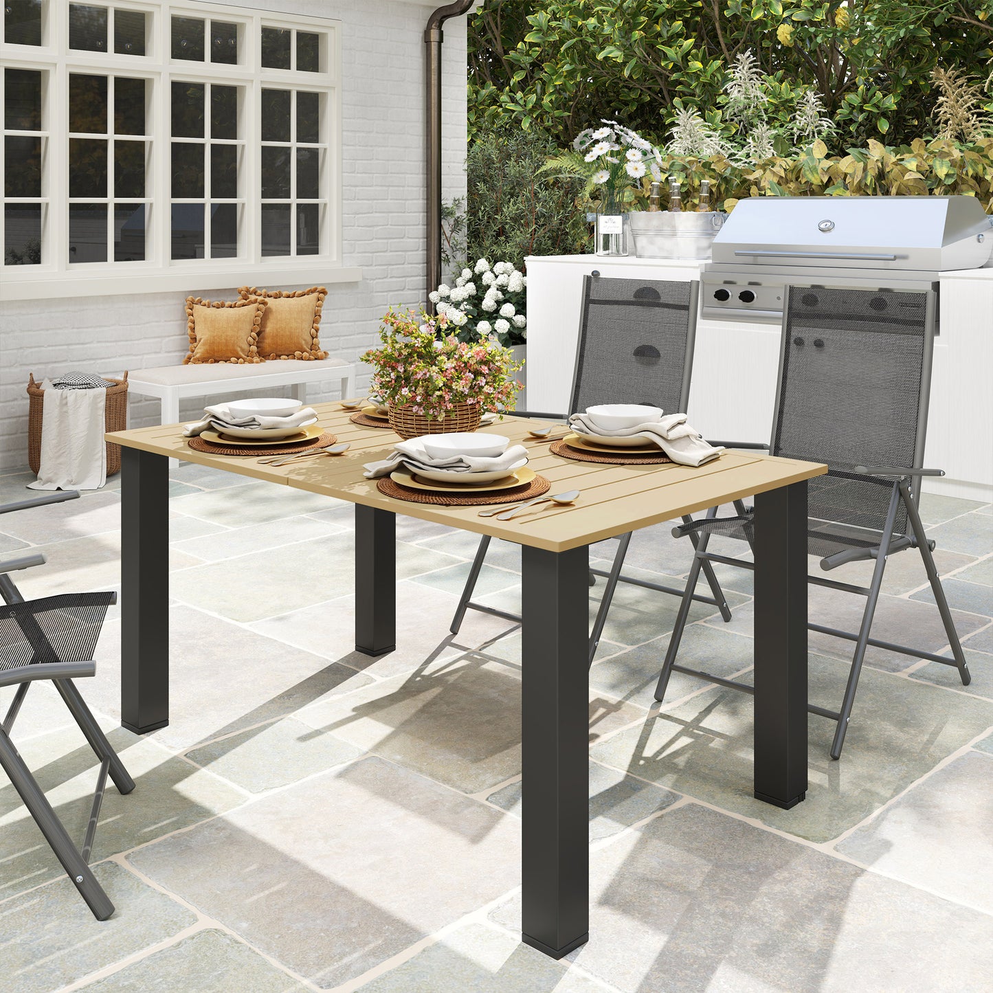 Outsunny Outdoor Rectangle Garden Dining Table For Six With Parasol Hole Slatted Metal Top And Steel Frame Brown
