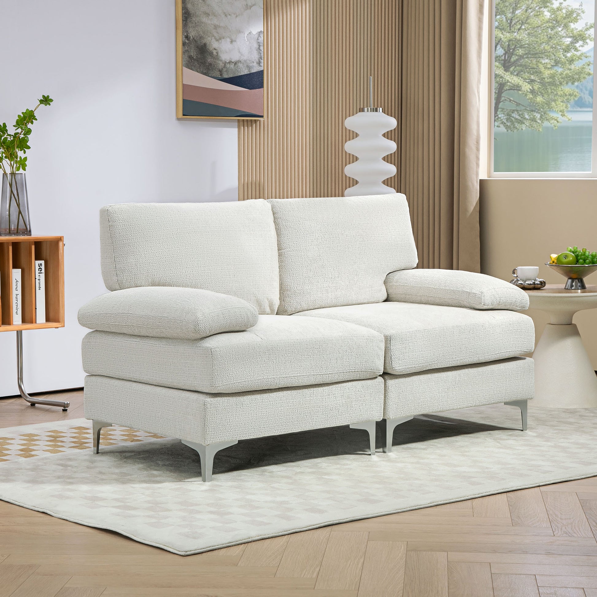 HOMCOM Contemporary Cream White Loveseat Sofa with Spring Cushions and Sturdy Metal Legs - ALL4U RETAILER LTD