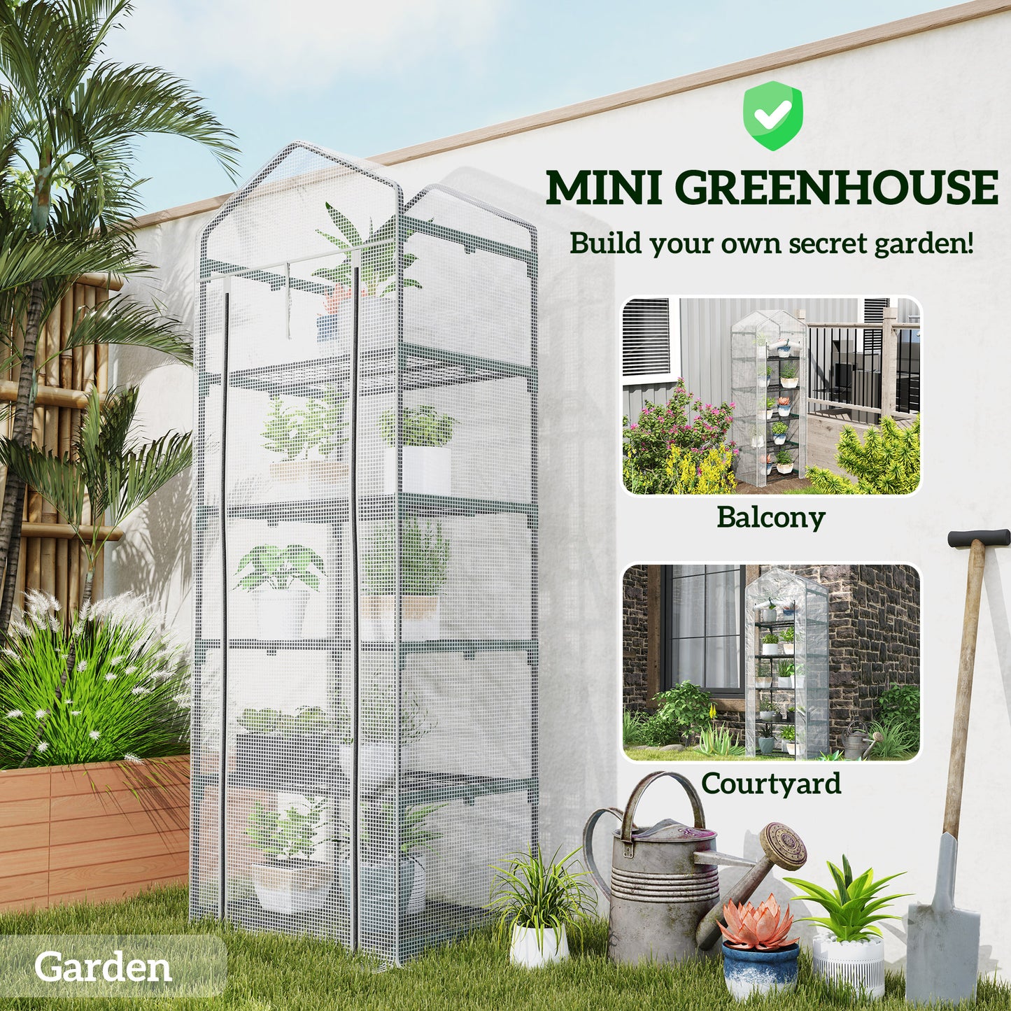 Outsunny 193cm Five Shelves Mini Greenhouse White With Roll Up Door Ideal For Small Balconies Porches Or Indoor Corners