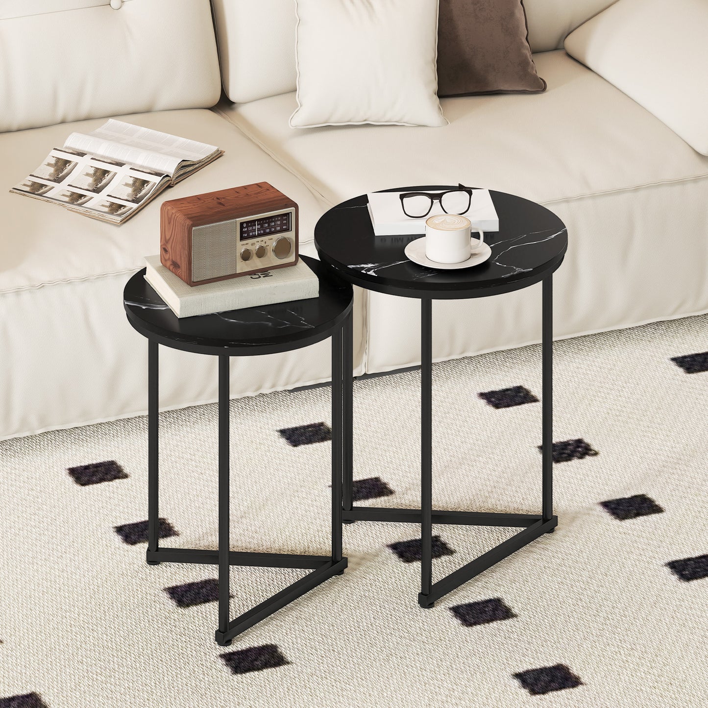 HOMCOM Set Of Two Marble Effect Nest Of Tables With Small And Large Tables Black Frame For Lounge Hallway