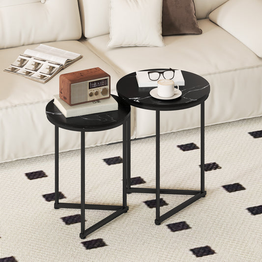 HOMCOM Set Of Two Marble Effect Nest Of Tables With Small And Large Tables Black Frame For Lounge Hallway