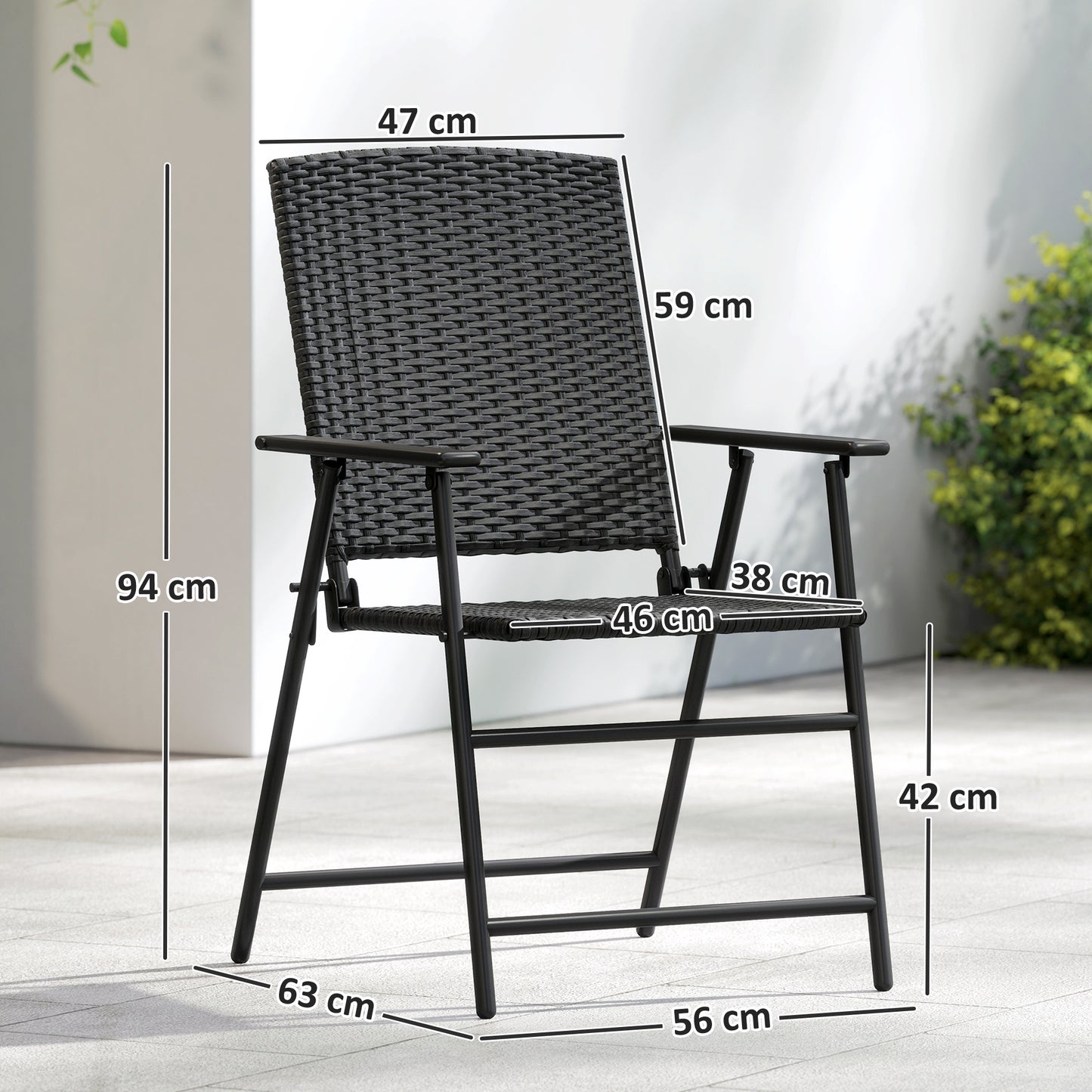 Outsunny Set Of Two Folding Rattan Chairs Black Outdoor Weather Resistant Steel Frame