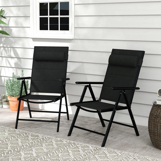 Outsunny Set of 2 Patio Folding Chairs w/ Adjustable Back, Garden Dining Chairs w/ Breathable Mesh Fabric Padded Seat, Backrest, Headrest, Black - ALL4U RETAILER LTD