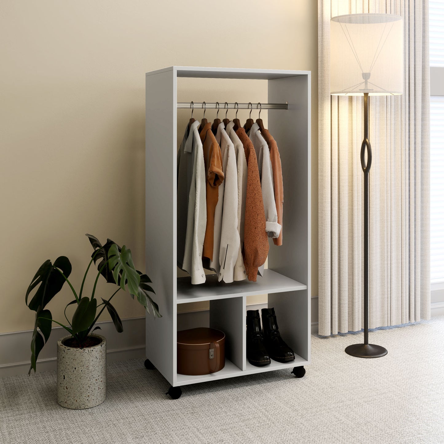 HOMCOM Open Wardrobe On Wheels With Hanging Rail And 2 Shelves Grey Mobile Garment Rack For Cloakroom And Hallway