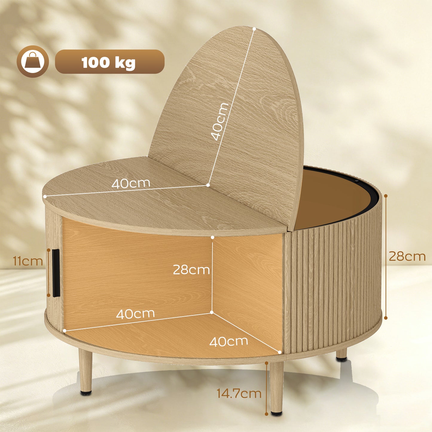 HOMCOM Lift Top Coffee Table With Hidden Storage Round Natural Wood 80 cm Fluted Sliding Door
