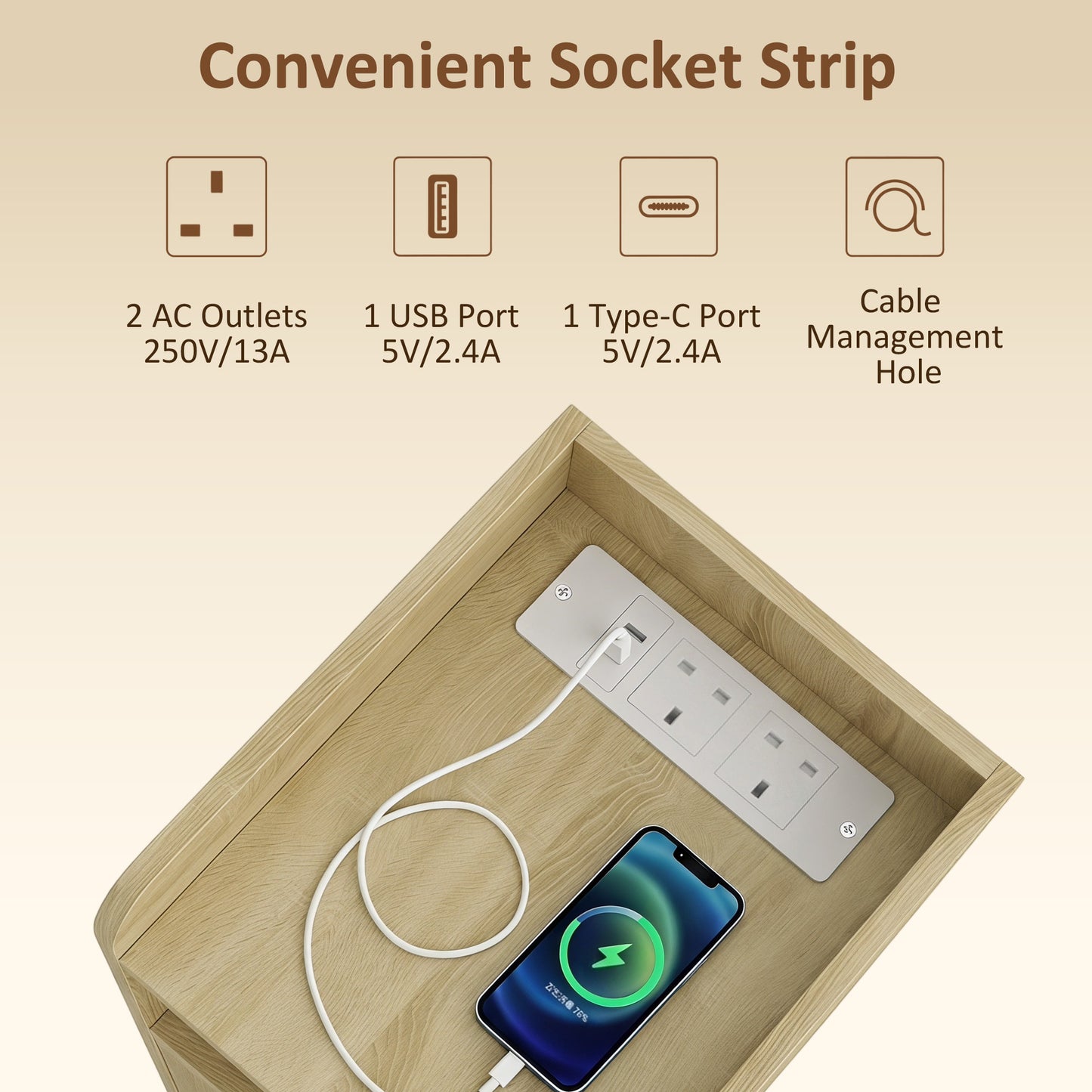 HOMCOM Slim Bedside Table Set Of 2 Oak With Charging Station