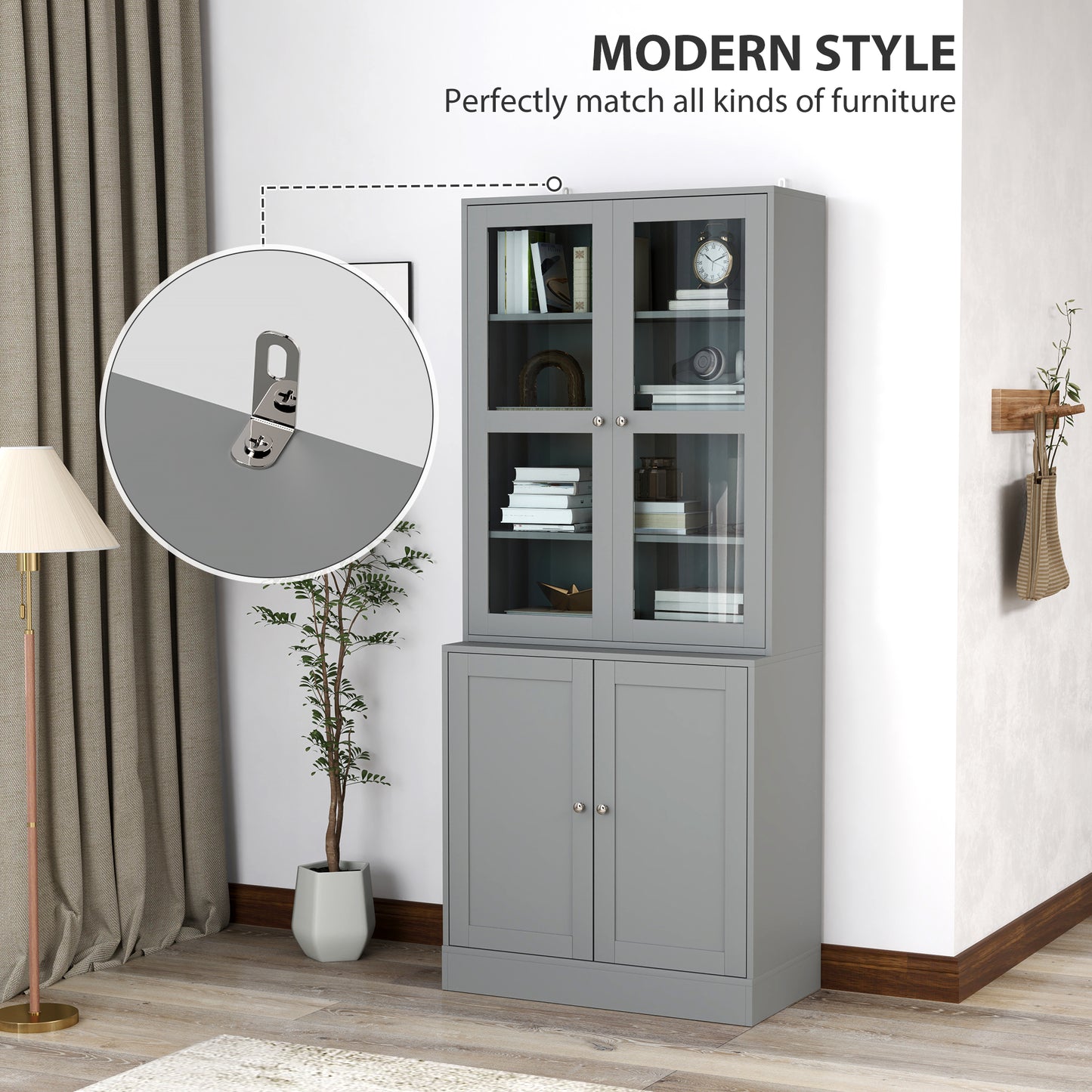 HOMCOM Double Storage Display Cabinet with Tempered Glass Doors Grey for Elegant Living Room Display and Extra Storage