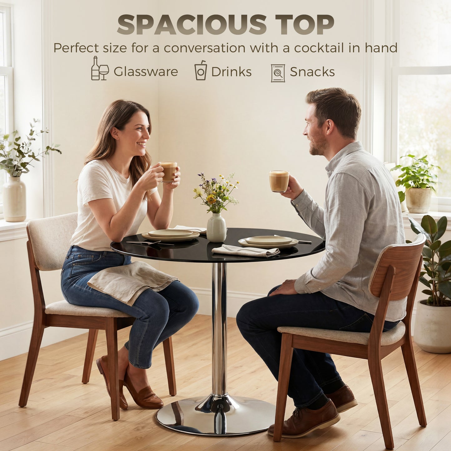 HOMCOM Round Bar Table With Tempered Glass Top And Steel Frame For Four People 70 x 70 x 75.5 cm Black