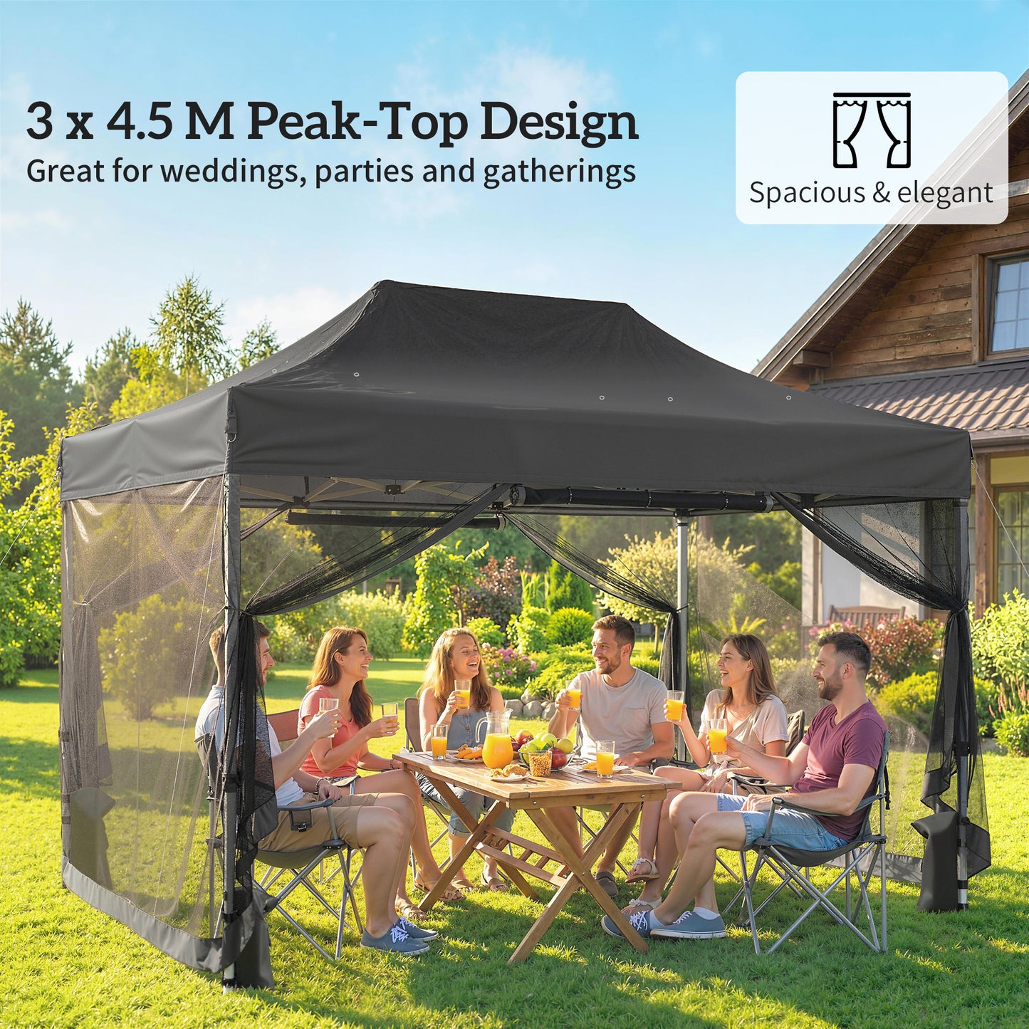 Outsunny 3 By 4.5 Meter Pop Up Gazebo With Mesh Netting UPF50 Plus Heavy Duty Outdoor Garden Tent Marquee Black