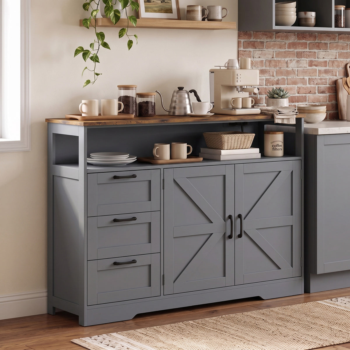 HOMCOM Grey Farmhouse Sideboard with Power Outlet 3 Drawers Open Shelf