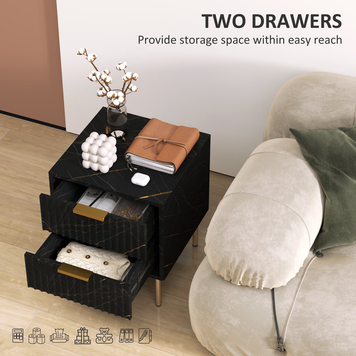 Homcom Elegant Two Drawer Bedside Table Black Marble Pattern With Fluted Drawers And Gold Accents
