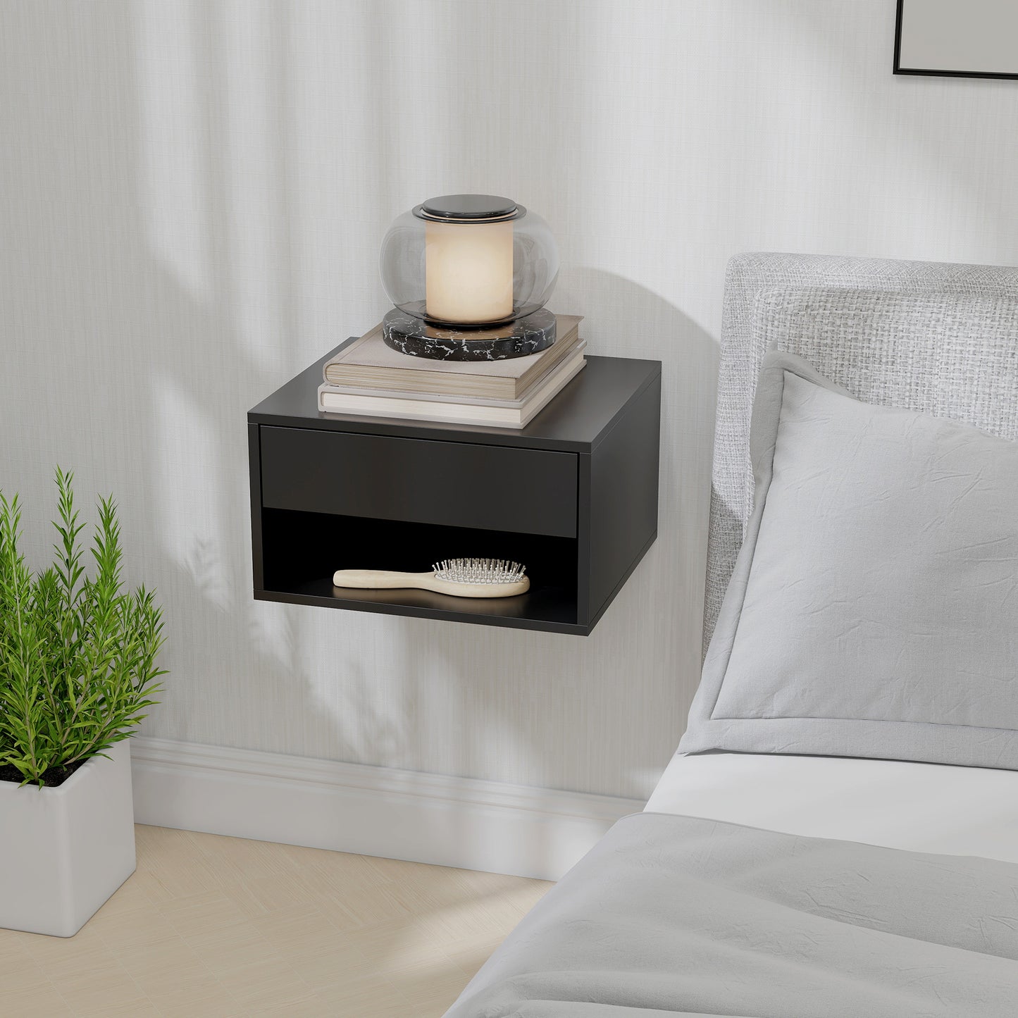HOMCOM Floating Bedside Tables Set of Two Wall Mounted Nightstands Black Finish With Drawer and Open Shelf Space Saving
