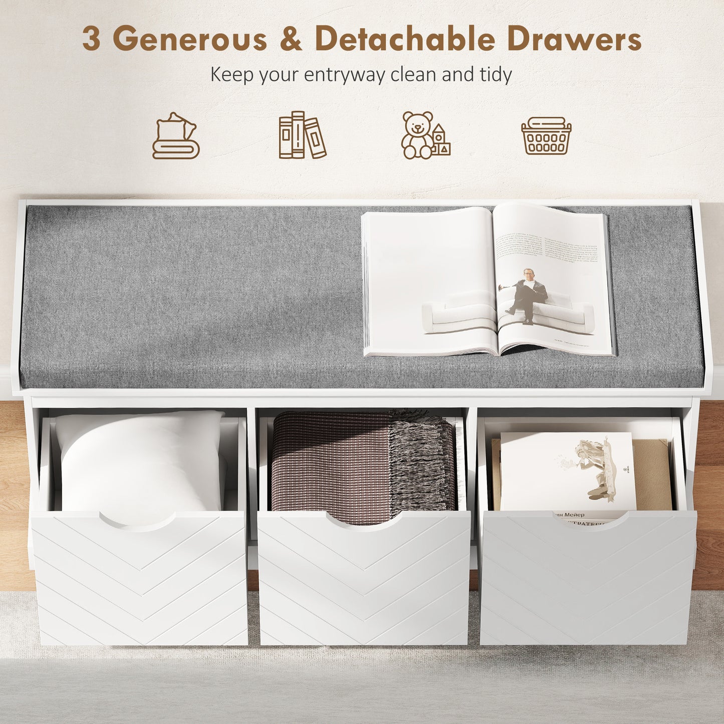 HOMCOM 3-Drawer Padded Shoe Bench With Breathable Washable Linen-Look Cover White