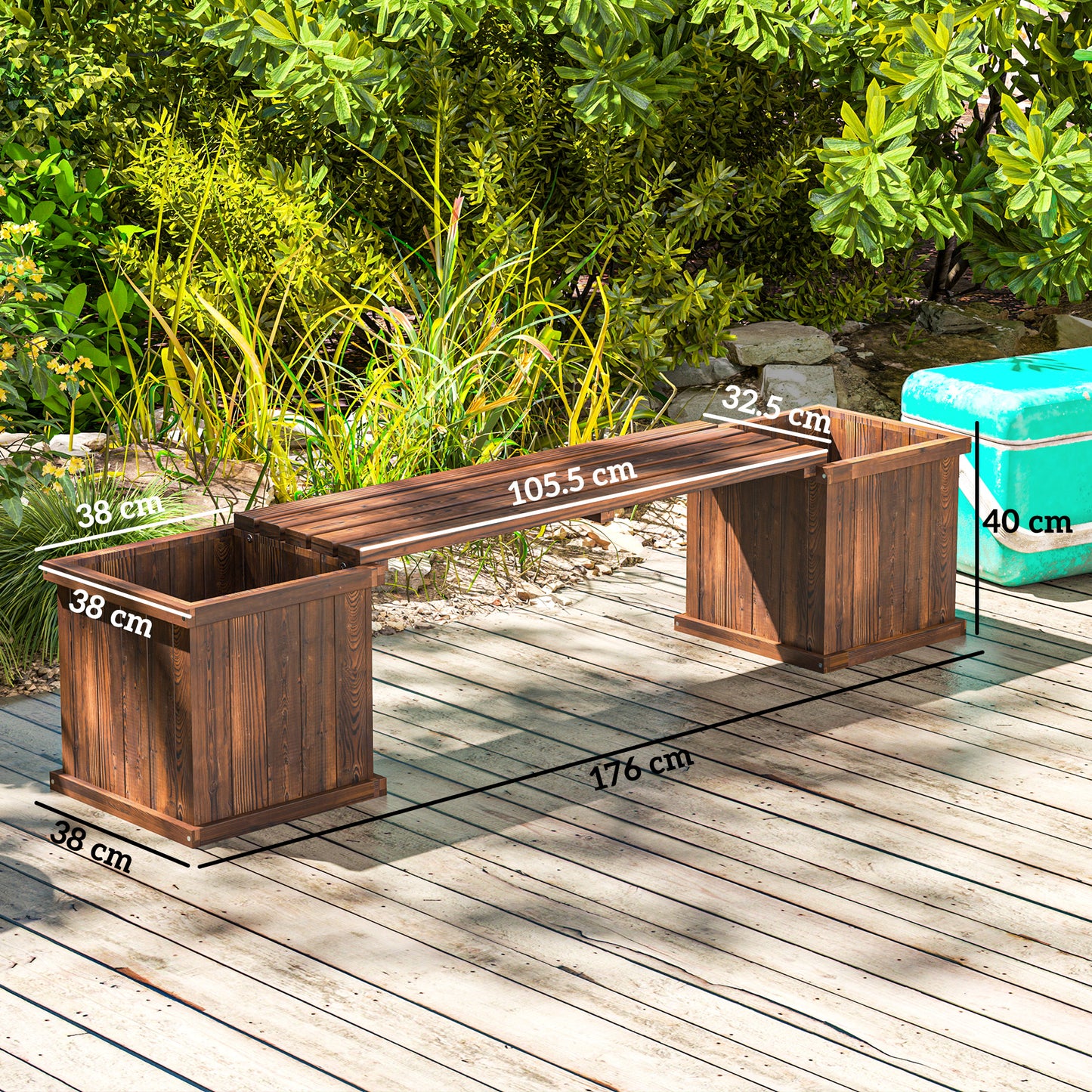Outsunny Wooden Garden Planter And Bench Combination With Raised Bed For Patio Carbonised Finish 176 By 38 By 40 Cm