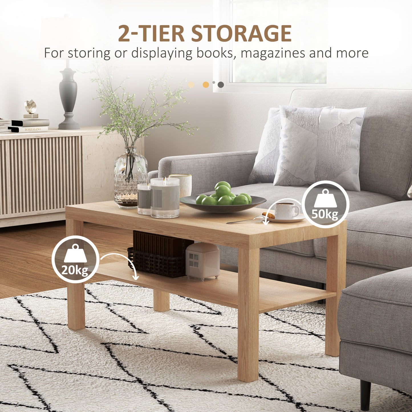 HOMCOM 2 Tier Coffee Table With Storage Shelf Rectangular Table For Living Room And Home Office Natural Wood Finish