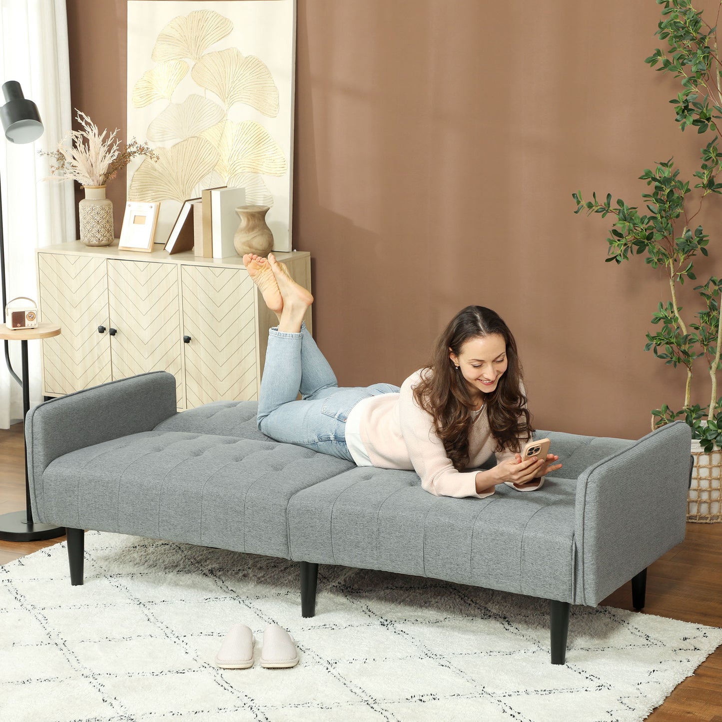 HOMCOM Three Seater Sofa Bed With Cupholders Light Grey For Small Spaces And Guest Overnight Comfort