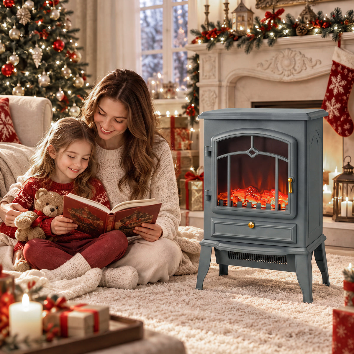 Grey electric fireplace stove heater with LED flame effect in living room