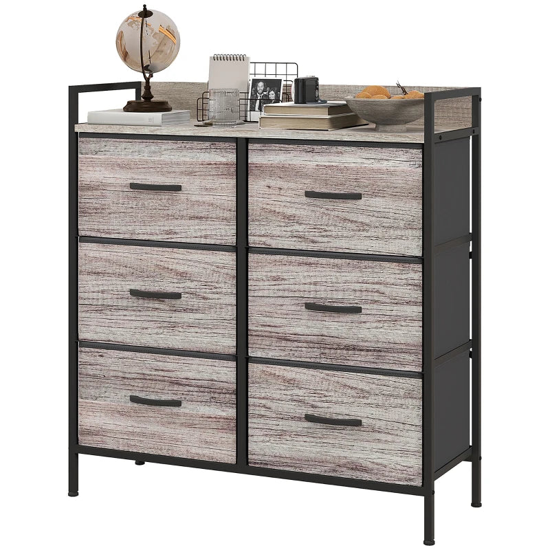 HOMCOM Rustic Grey Wood Effect Chest with Six Fabric Drawers - ALL4U RETAILER LTD