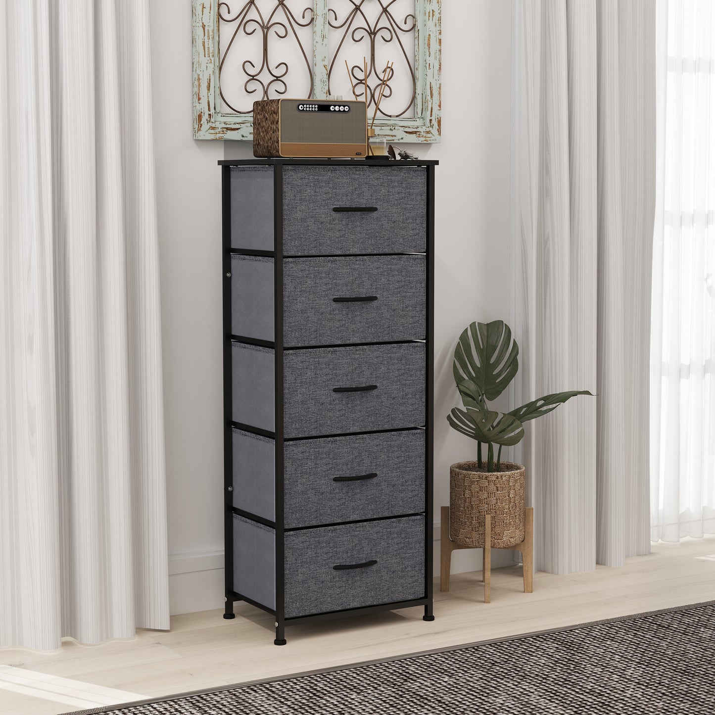 HOMCOM Fabric Chest of Drawers With 5 Fabric Drawers Industrial Steel Frame And Wooden Top Dark Grey