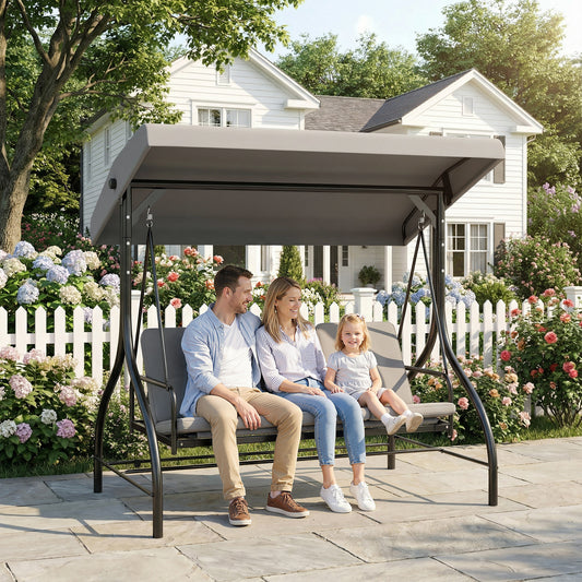 Outsunny 3 Seater Canopy Swing Chair 2 In 1 Garden Swing Seat Bed With Adjustable Canopy And Metal Frame Light Grey