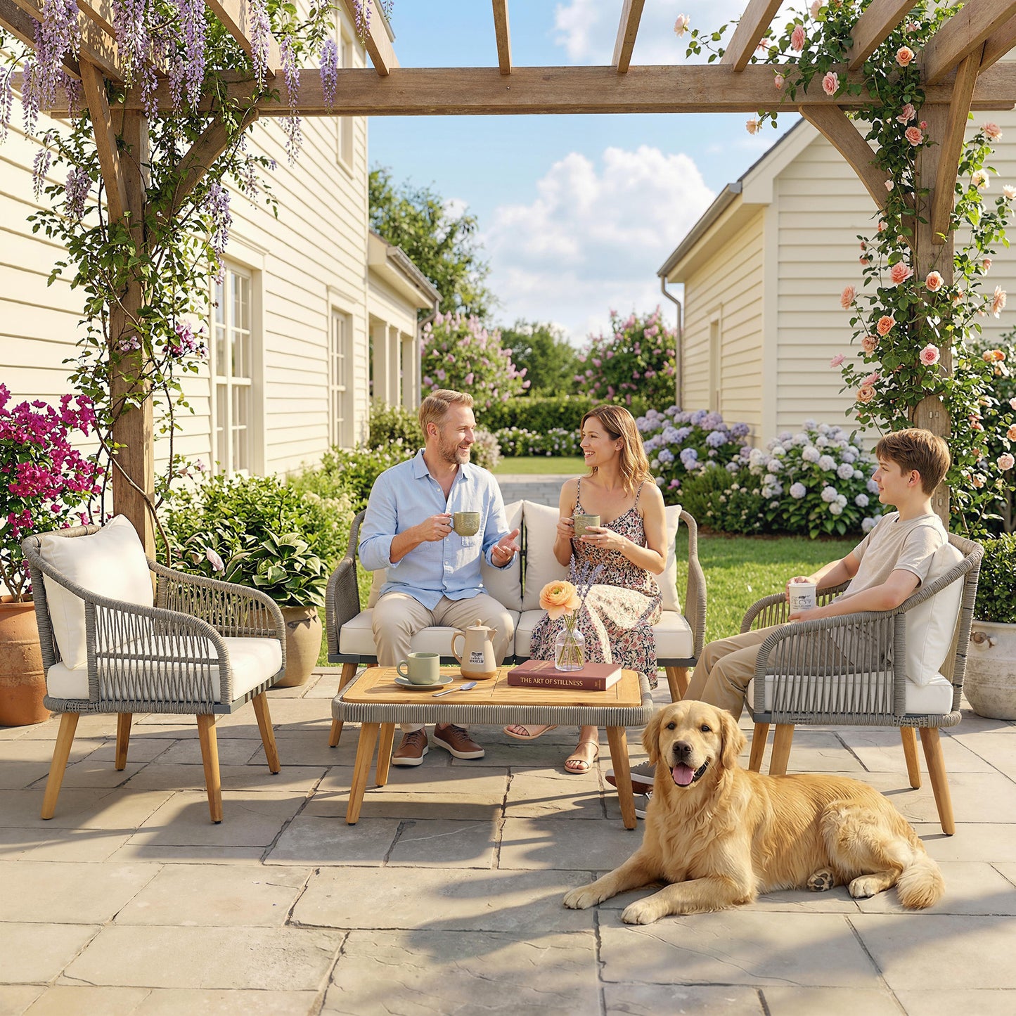 Outsunny 4 Piece Rattan Garden Furniture Set With Loveseat Armchairs And Wood Table Conversation Set Cream White