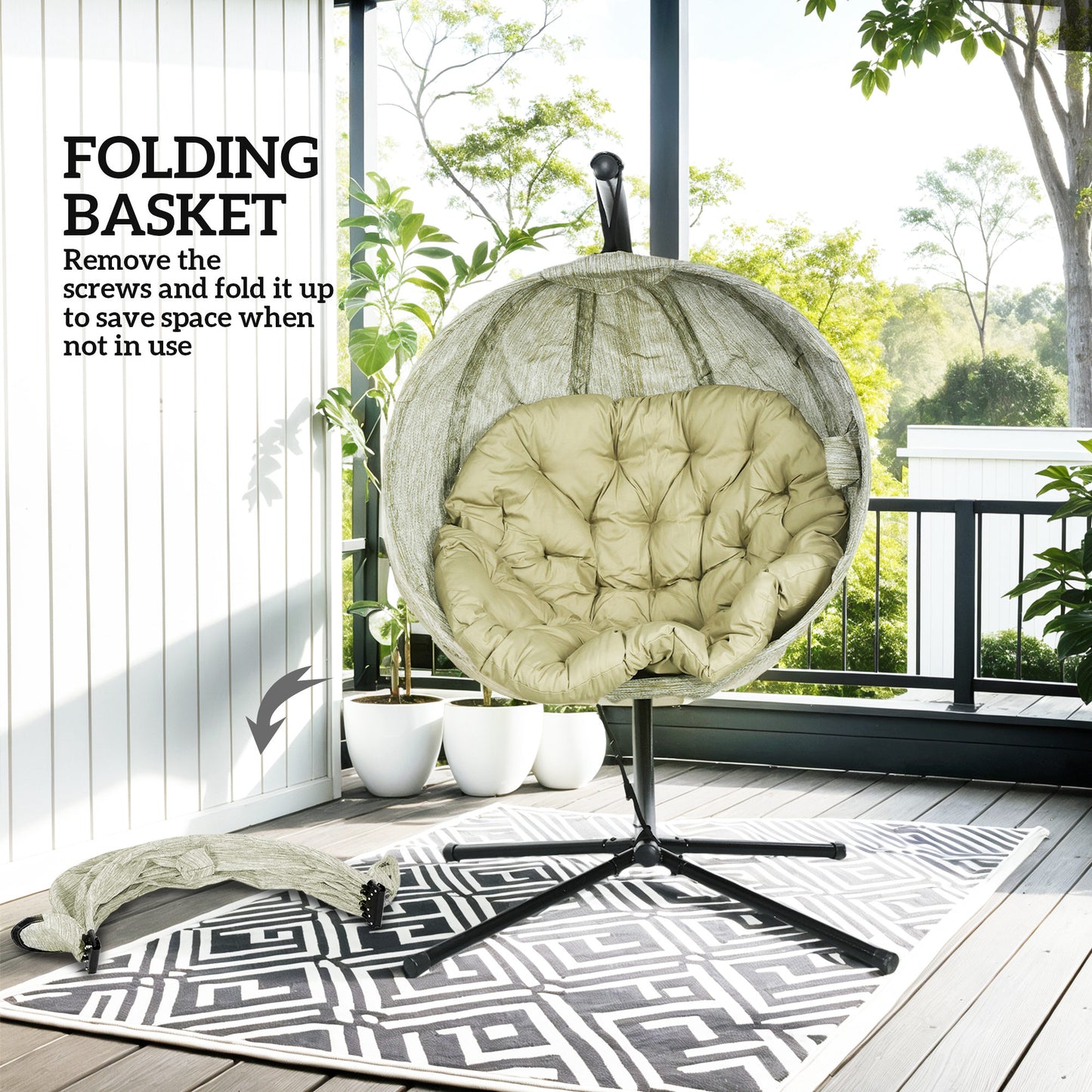 Outsunny Hanging Egg Chair Garden Swing With Folding Basket Thick 13cm Cushion Cup Holder Patio Khaki